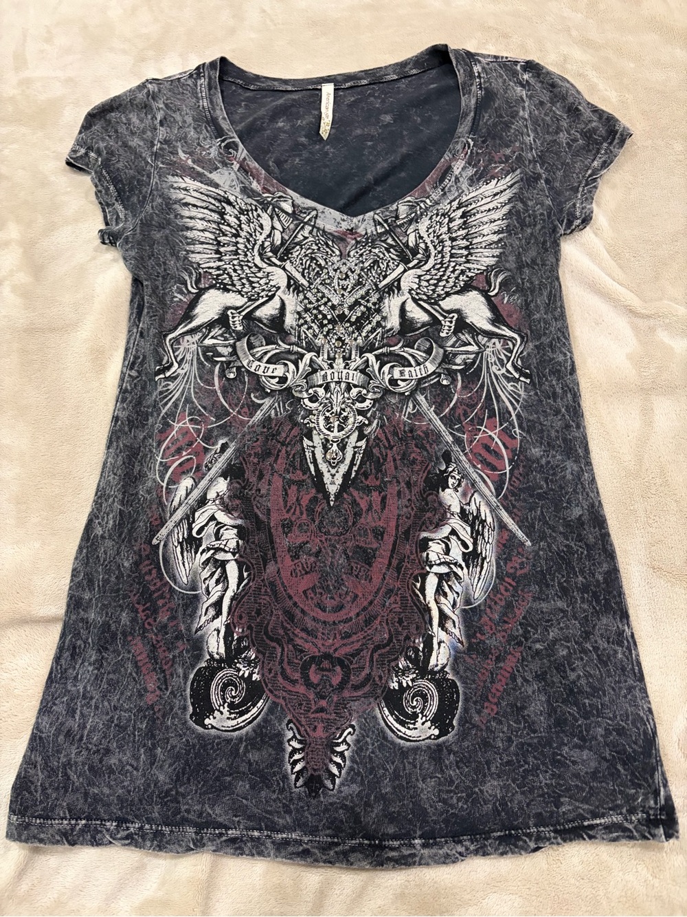 American Age Mineral Wash Black V-Neck Tee with Maroon and White Graphic